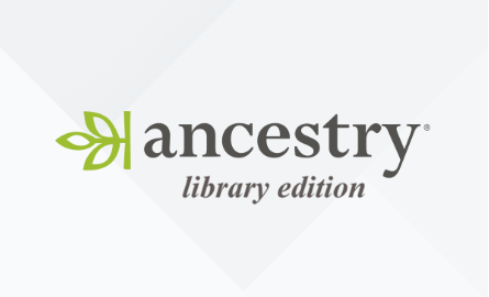 Text "Ancestry library edition" with a green leaf to the left of the text on a white background